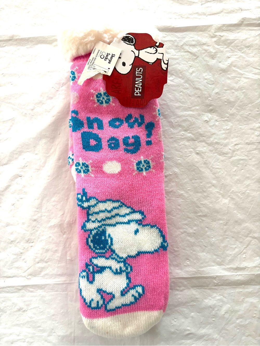 Peanuts Pink Snoopy Woodstock 'Snow Dog?' No Slip Fleece-Lined Slipper Socks O/S